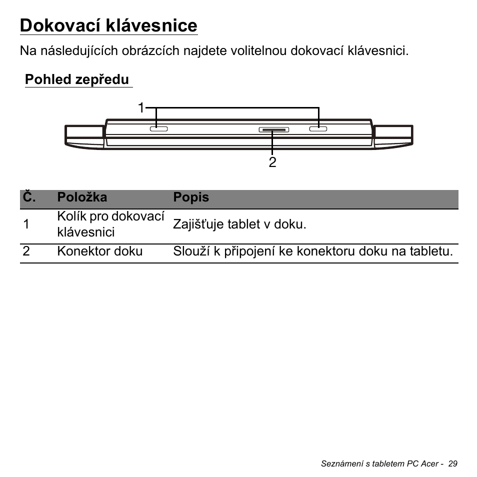 Dokovací klávesnice, Pohled zepředu | Acer W511P User Manual | Page 1389 / 2860