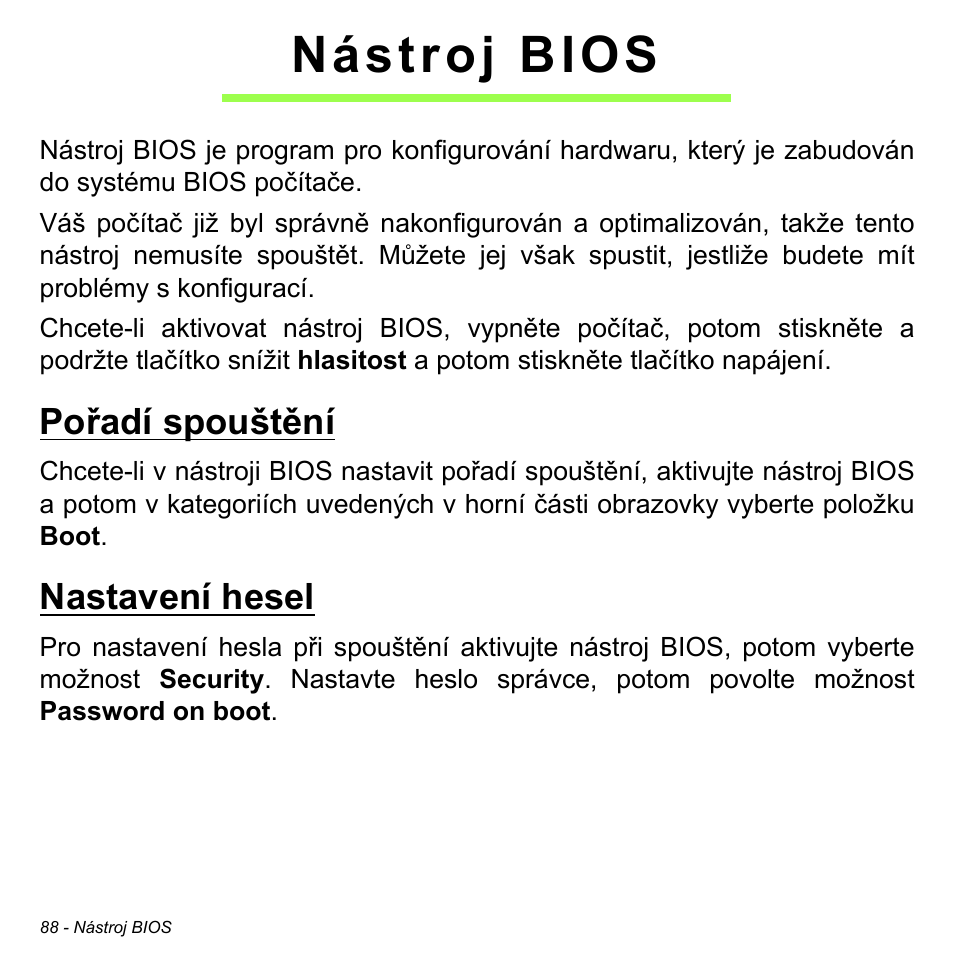 Nástroj bios, Pořadí spouštění, Nastavení hesel | Pořadí spouštění nastavení hesel | Acer W511P User Manual | Page 1448 / 2860
