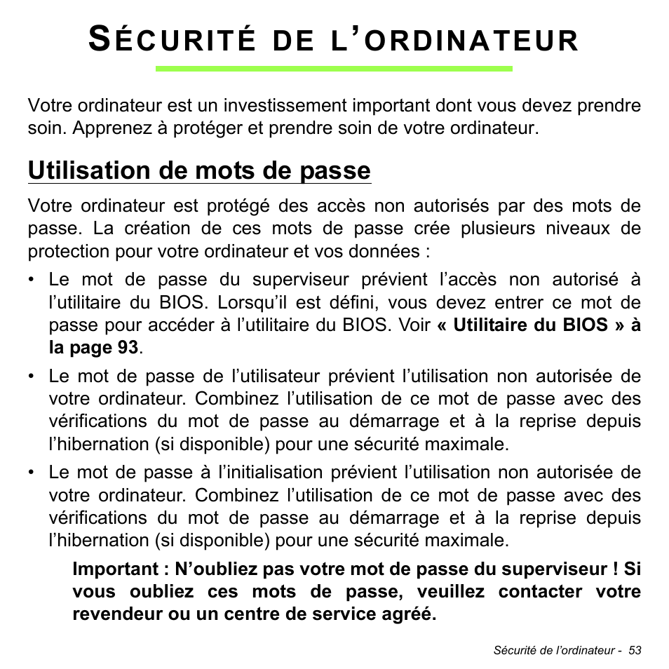 Sécurité de l’ordinateur, Utilisation de mots de passe, Écurité | Ordinateur | Acer W511P User Manual | Page 145 / 2860