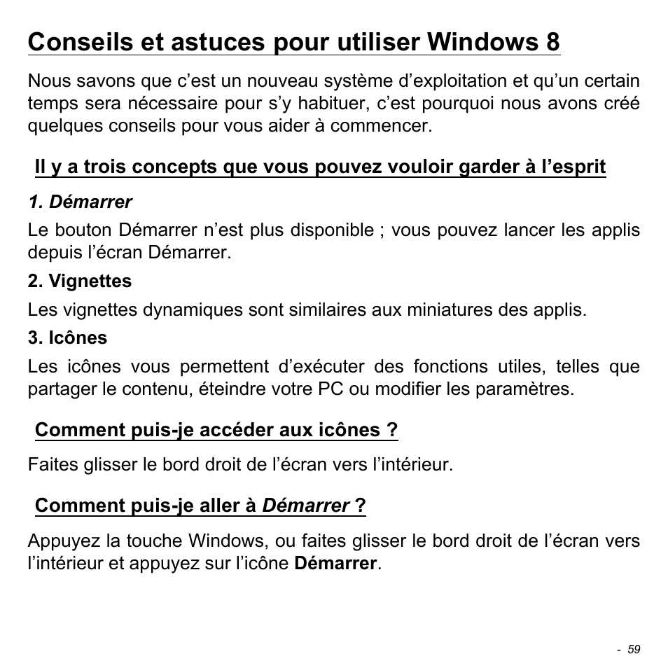 Conseils et astuces pour utiliser windows 8, Comment puis-je accéder aux icônes, Comment puis-je aller à démarrer | Conseils et astuces pour utiliser, Windows 8 | Acer W511P User Manual | Page 151 / 2860