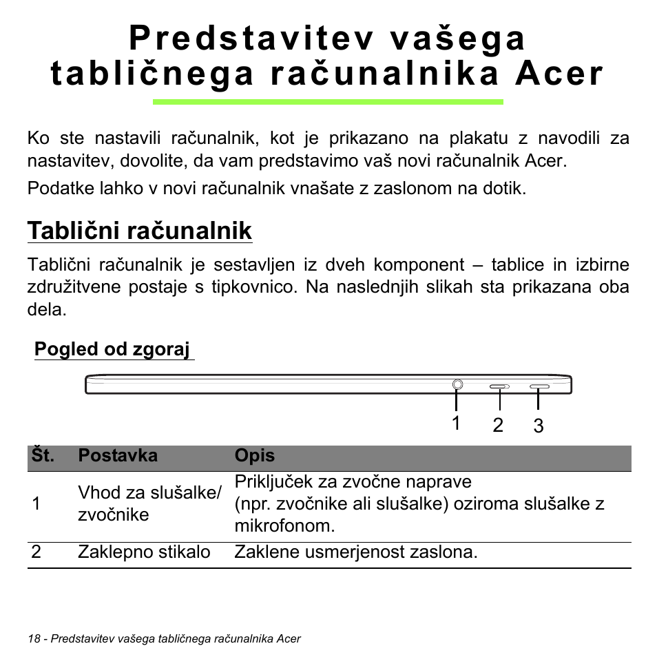 Predstavitev vašega tabličnega računalnika acer, Tablični računalnik, Pogled od zgoraj | Acer W511P User Manual | Page 1566 / 2860