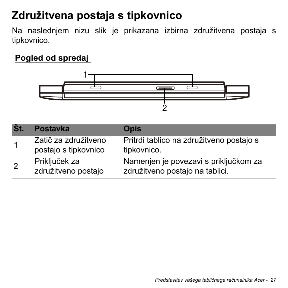 Združitvena postaja s tipkovnico, Pogled od spredaj | Acer W511P User Manual | Page 1575 / 2860