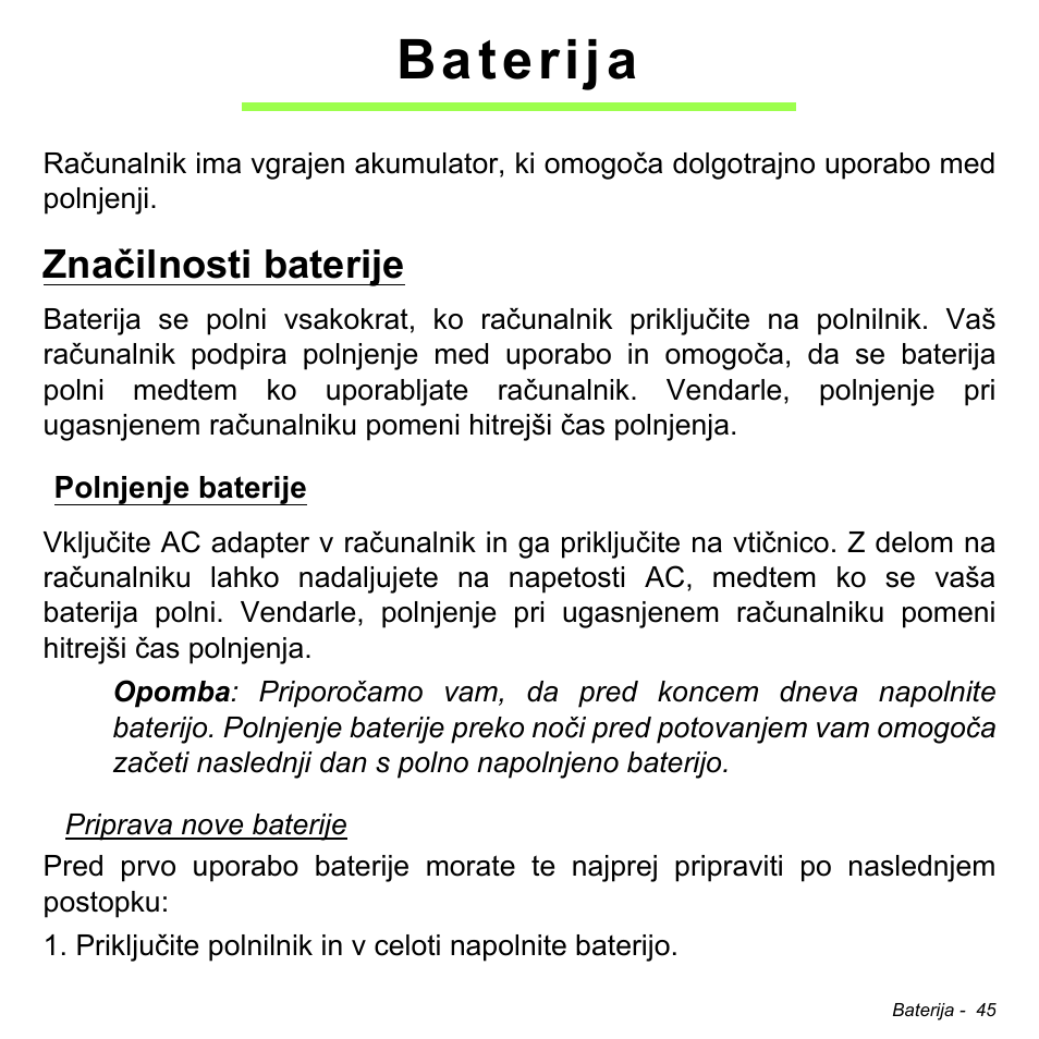 Baterija, Značilnosti baterije, Polnjenje baterije | Acer W511P User Manual | Page 1593 / 2860