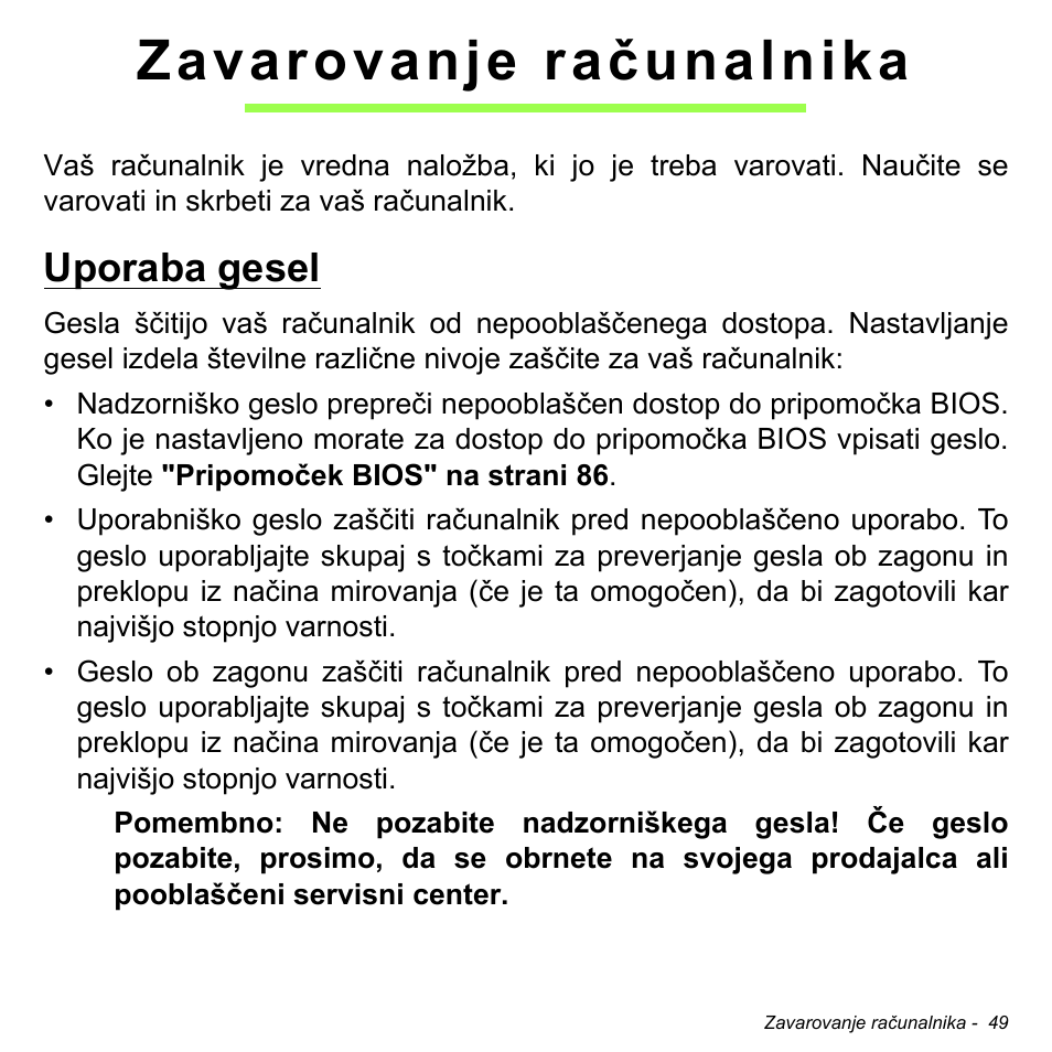 Zavarovanje računalnika, Uporaba gesel | Acer W511P User Manual | Page 1597 / 2860