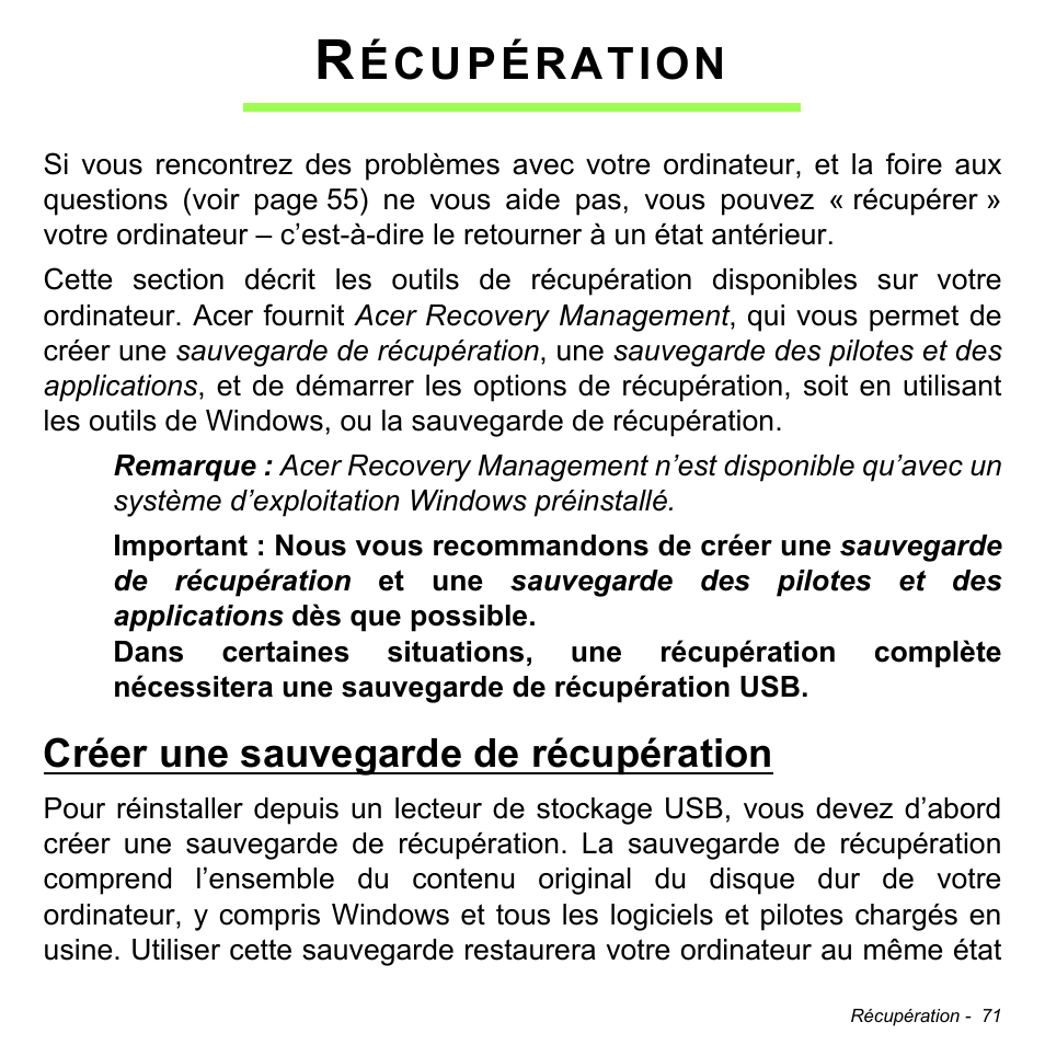 Récupération, Créer une sauvegarde de récupération, Écupération | Acer W511P User Manual | Page 163 / 2860