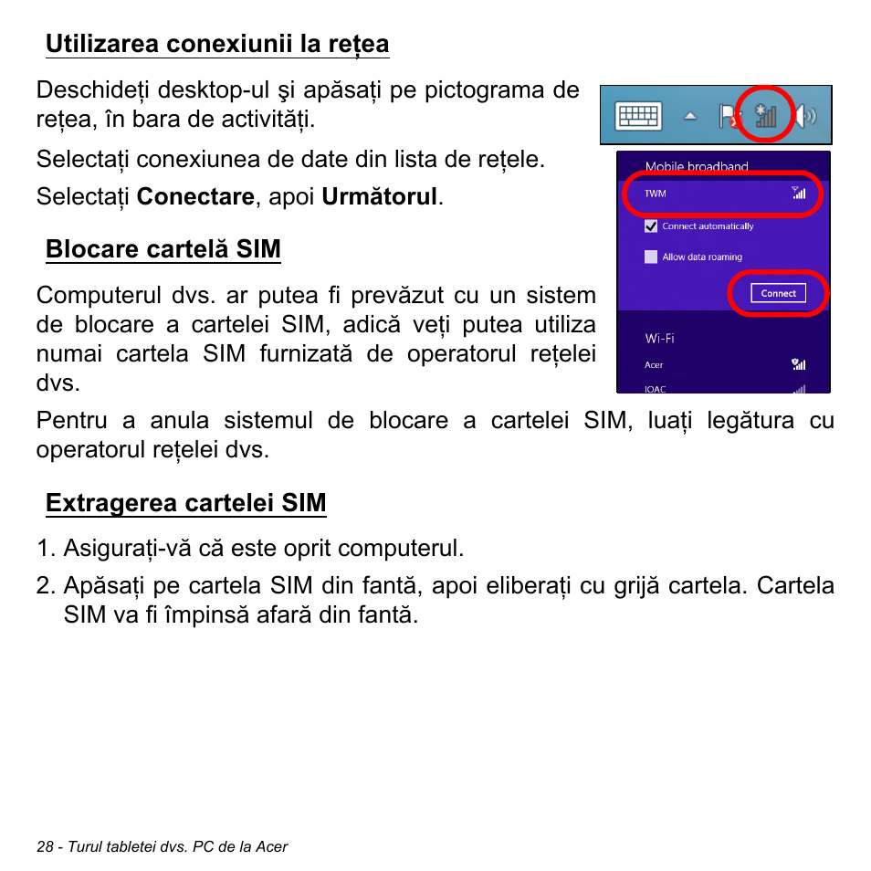 Utilizarea conexiunii la reţea, Blocare cartelă sim, Extragerea cartelei sim | Acer W511P User Manual | Page 1764 / 2860