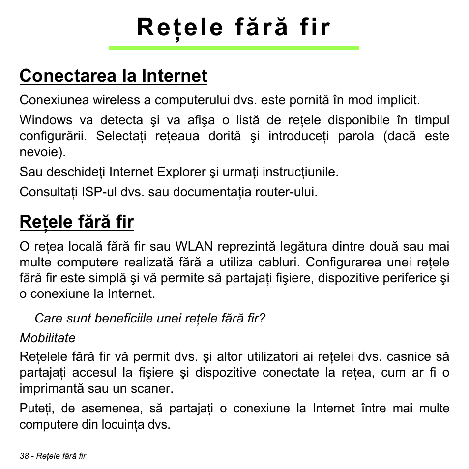 Reţele fără fir, Conectarea la internet, Conectarea la internet reţele fără fir | Acer W511P User Manual | Page 1774 / 2860