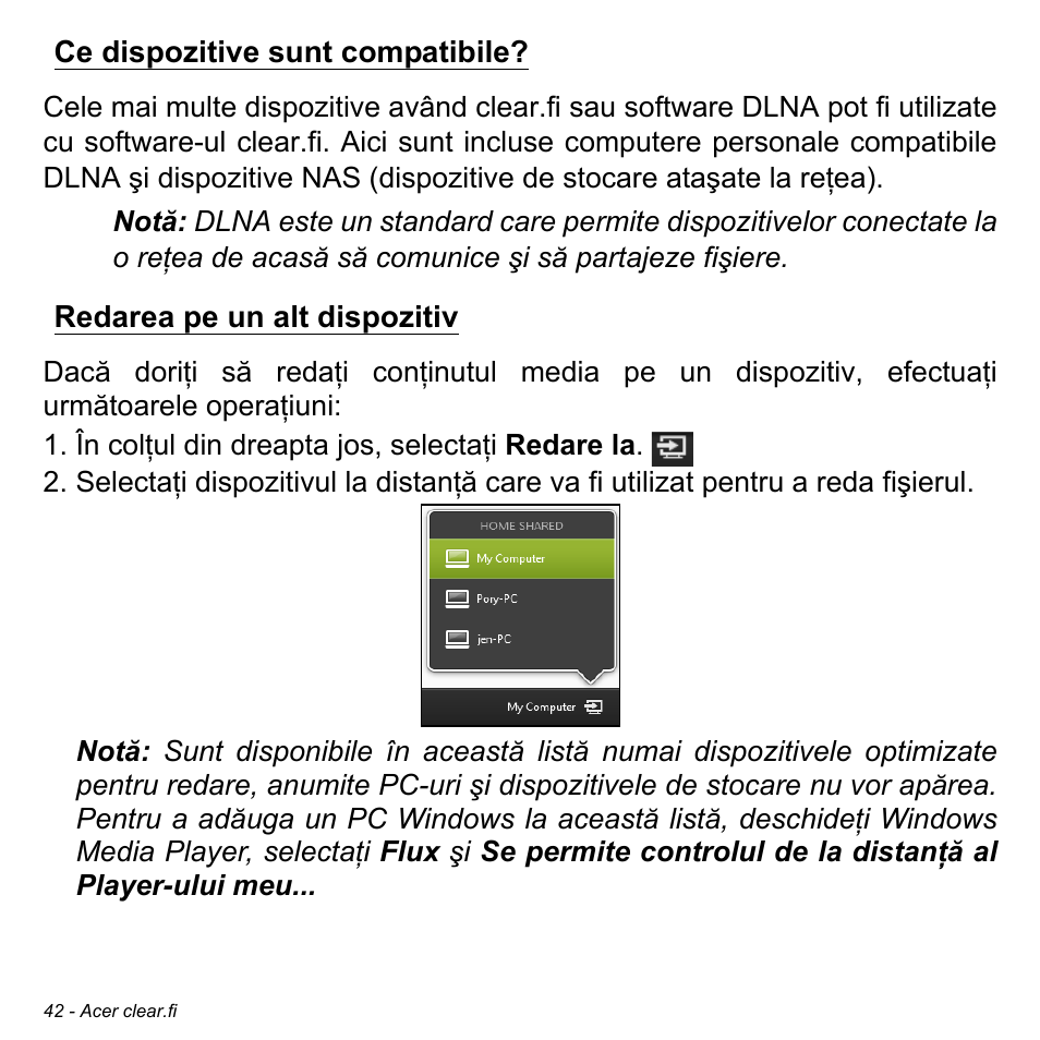 Ce dispozitive sunt compatibile, Redarea pe un alt dispozitiv | Acer W511P User Manual | Page 1778 / 2860