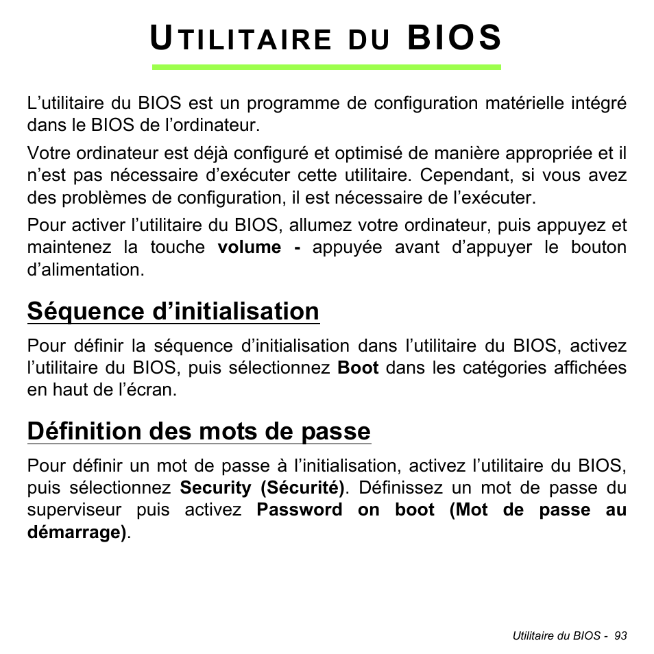 Utilitaire du bios, Séquence d’initialisation, Définition des mots de passe | Bios, Tilitaire | Acer W511P User Manual | Page 185 / 2860