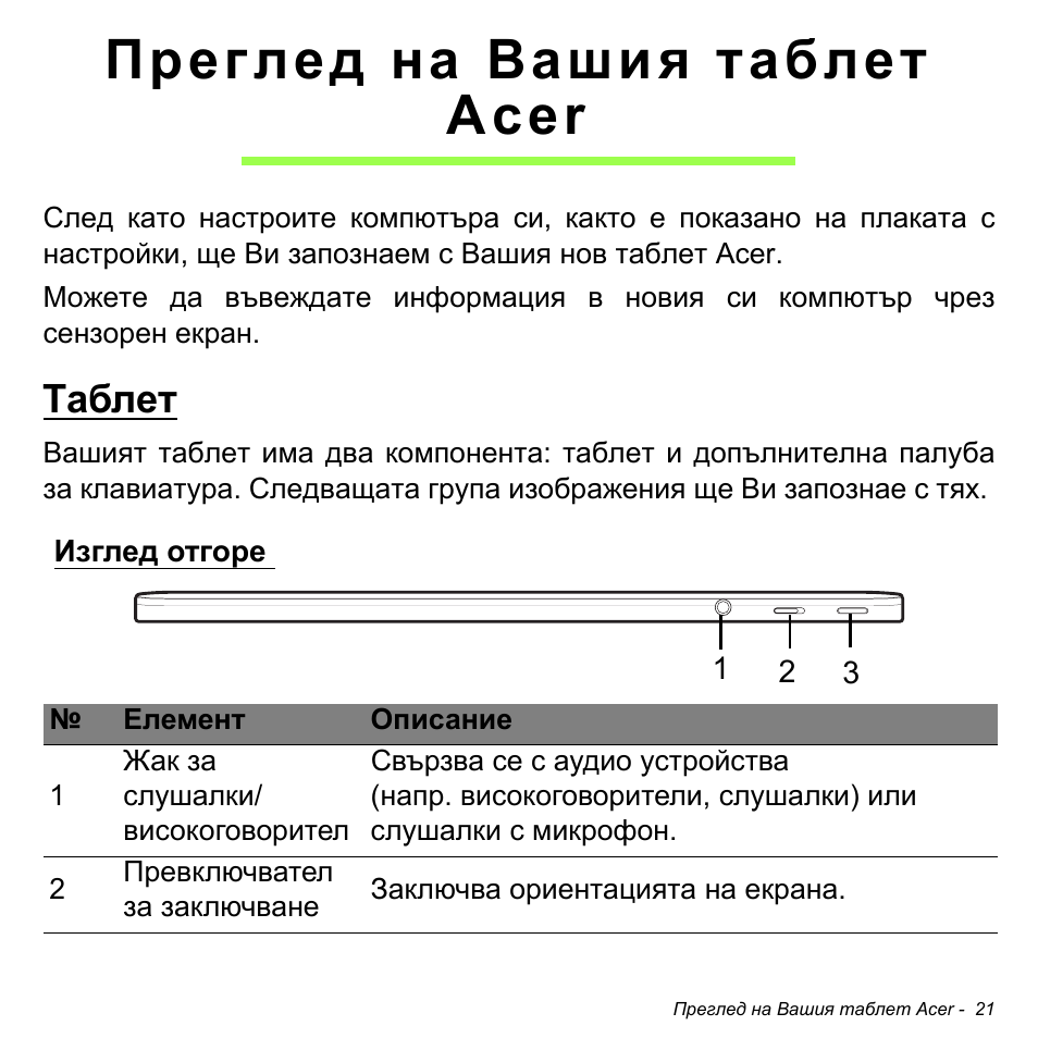 Преглед на вашия таблет acer, Таблет, Изглед отгоре | Acer W511P User Manual | Page 1855 / 2860