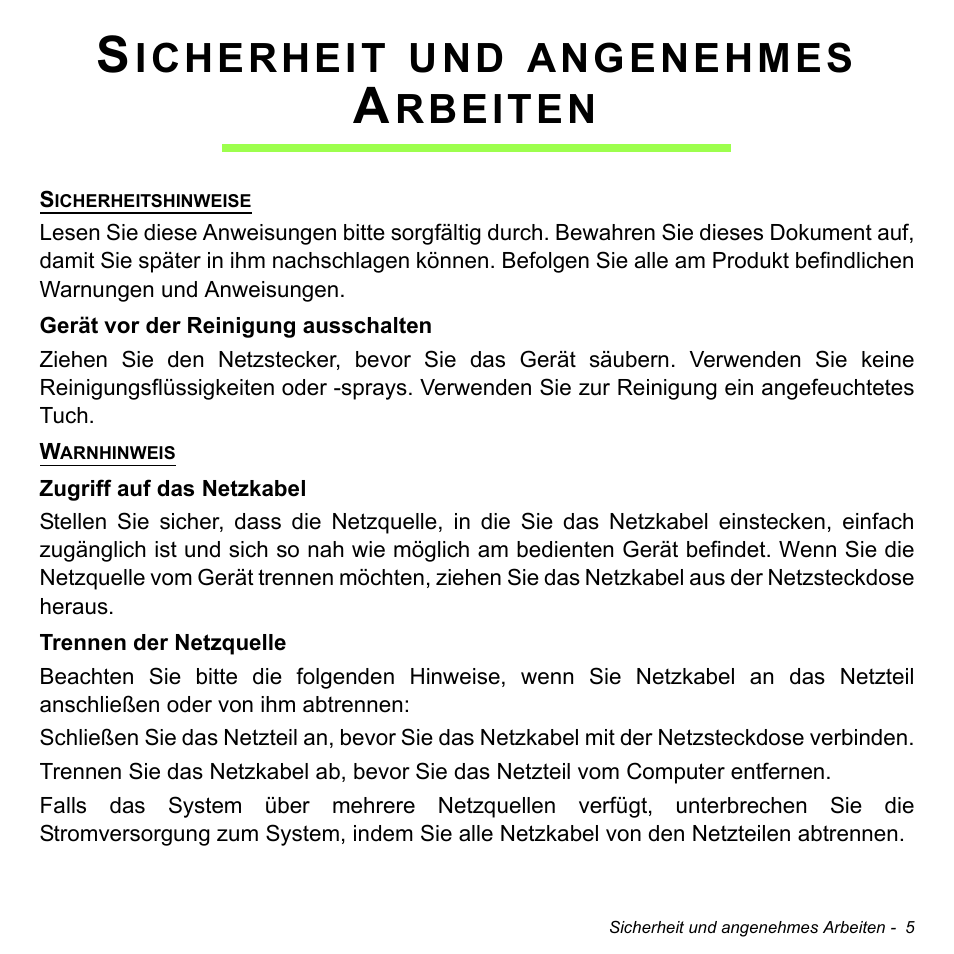 Sicherheit und angenehmes arbeiten, Sicherheit und angenehmes arbeiten 5, Icherheit | Angenehmes, Rbeiten | Acer W511P User Manual | Page 197 / 2860