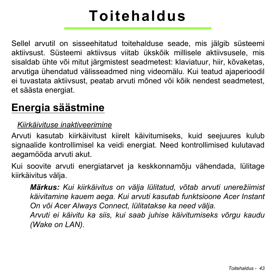Toitehaldus, Energia säästmine | Acer W511P User Manual | Page 1979 / 2860
