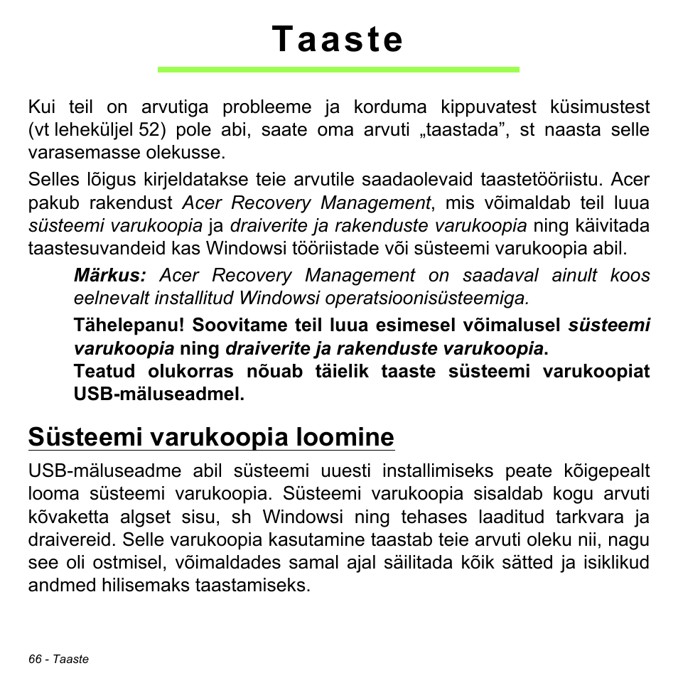 Taaste, Süsteemi varukoopia loomine | Acer W511P User Manual | Page 2002 / 2860