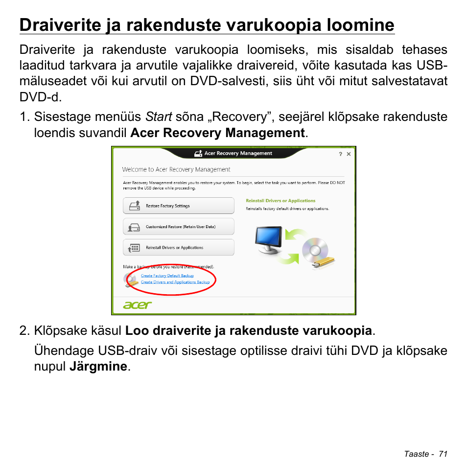 Draiverite ja rakenduste varukoopia loomine | Acer W511P User Manual | Page 2007 / 2860