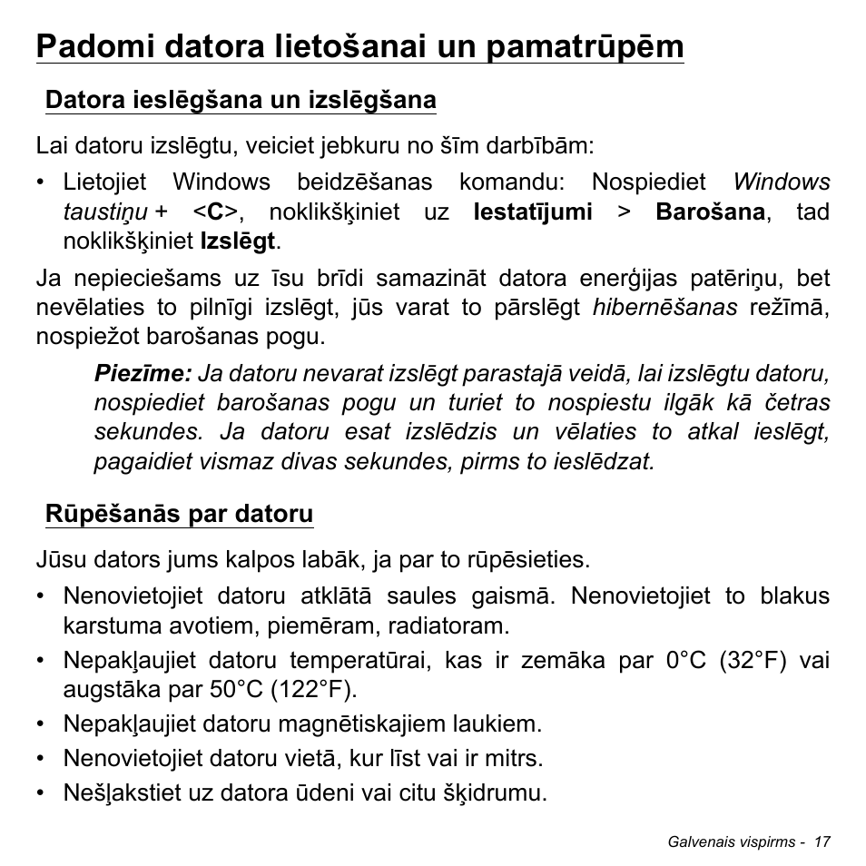 Padomi datora lietošanai un pamatrūpēm, Datora ieslēgšana un izslēgšana, Rūpēšanās par datoru | Acer W511P User Manual | Page 2047 / 2860