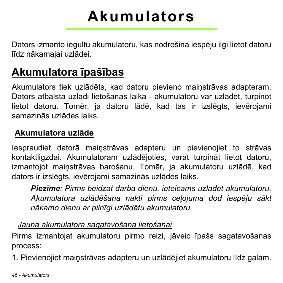 Akumulators, Akumulatora īpašības, Akumulatora uzlāde | Acer W511P User Manual | Page 2076 / 2860