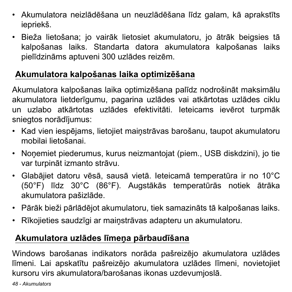 Akumulatora kalpošanas laika optimizēšana, Akumulatora uzlādes līmeņa pārbaudīšana | Acer W511P User Manual | Page 2078 / 2860