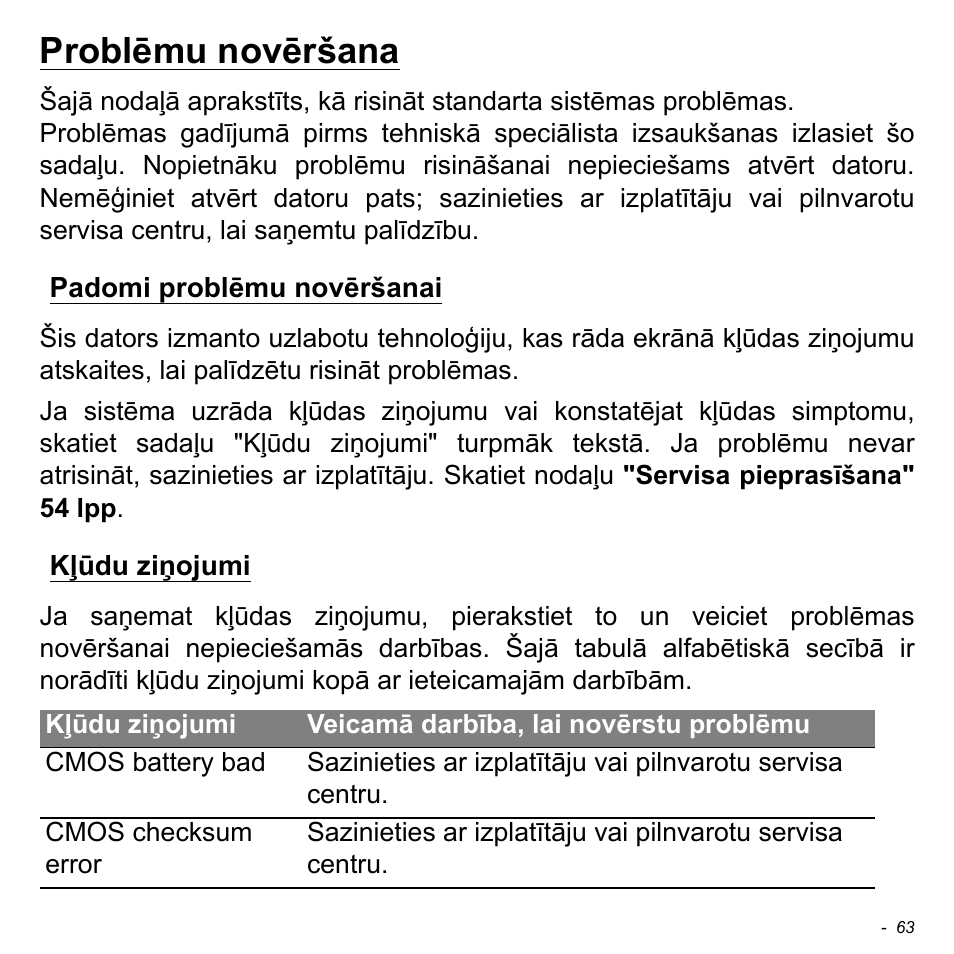 Problēmu novēršana, Padomi problēmu novēršanai, Kļūdu ziņojumi | Acer W511P User Manual | Page 2093 / 2860