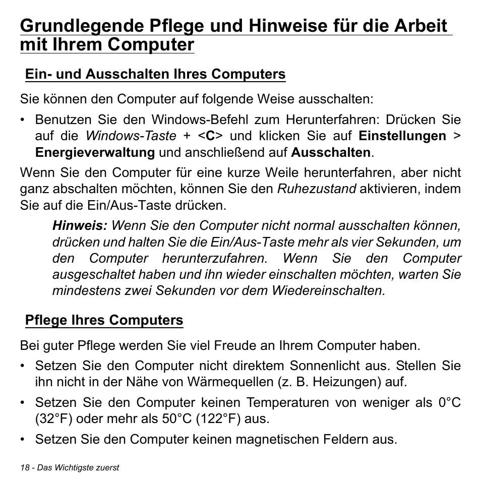 Ein- und ausschalten ihres computers, Pflege ihres computers | Acer W511P User Manual | Page 210 / 2860