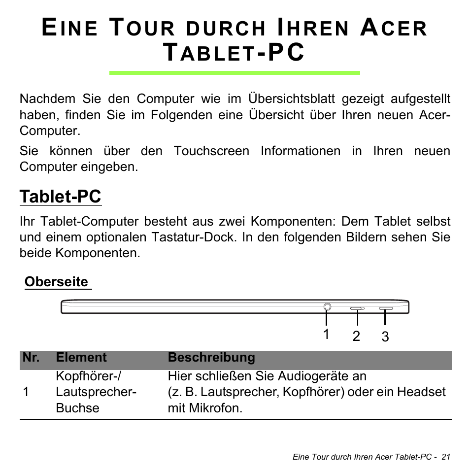 Eine tour durch ihren acer tablet-pc, Tablet-pc, Oberseite | Eine tour durch ihren acer, Durch, Hren, Ablet | Acer W511P User Manual | Page 213 / 2860