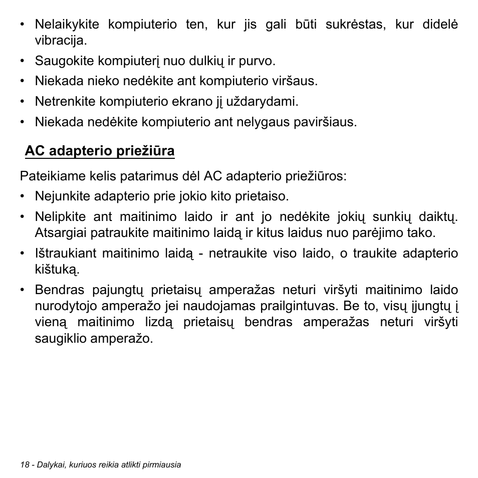 Ac adapterio priežiūra | Acer W511P User Manual | Page 2140 / 2860