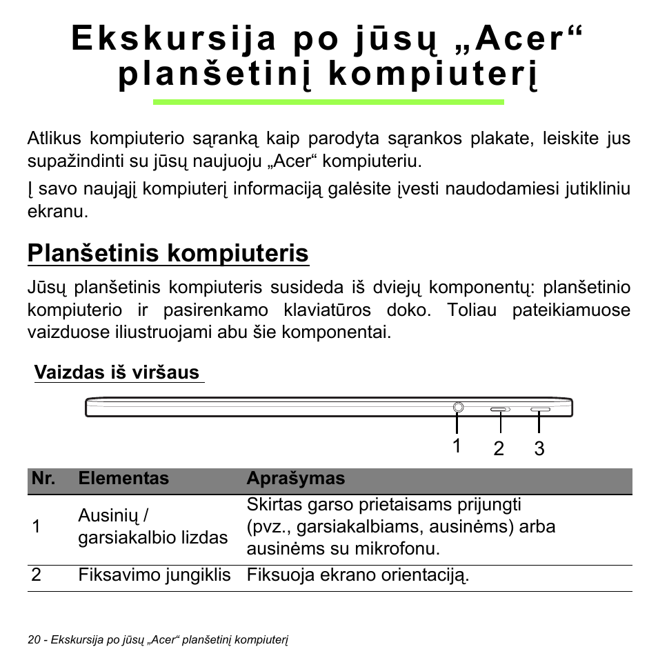 Ekskursija po jūsų „acer“ planšetinį kompiuterį, Planšetinis kompiuteris, Vaizdas iš viršaus | Acer W511P User Manual | Page 2142 / 2860