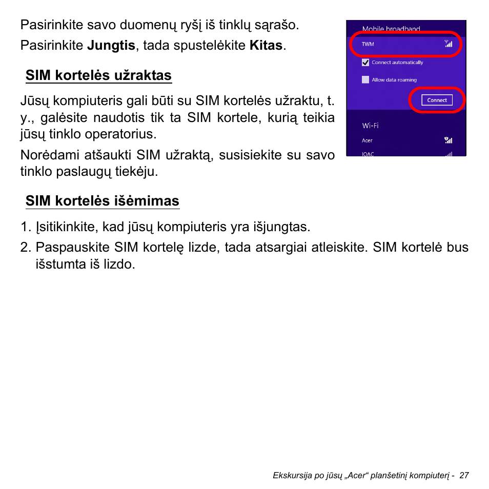 Sim kortelės užraktas, Sim kortelės išėmimas, Sim kortelės užraktas sim kortelės išėmimas | Acer W511P User Manual | Page 2149 / 2860