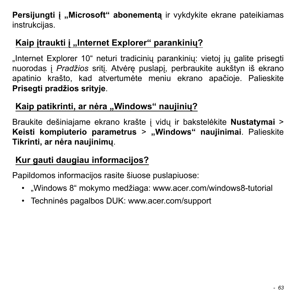 Kaip įtraukti į „internet explorer“ parankinių, Kaip patikrinti, ar nėra „windows“ naujinių, Kur gauti daugiau informacijos | Acer W511P User Manual | Page 2185 / 2860