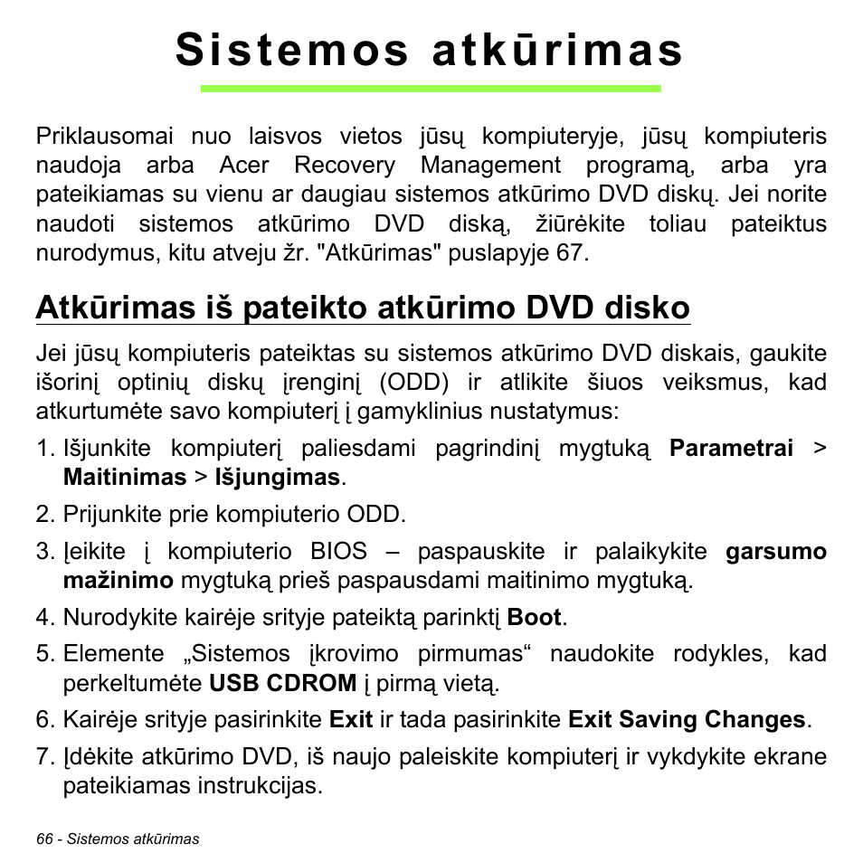 Sistemos atkūrimas, Atkūrimas iš pateikto atkūrimo dvd disko | Acer W511P User Manual | Page 2188 / 2860