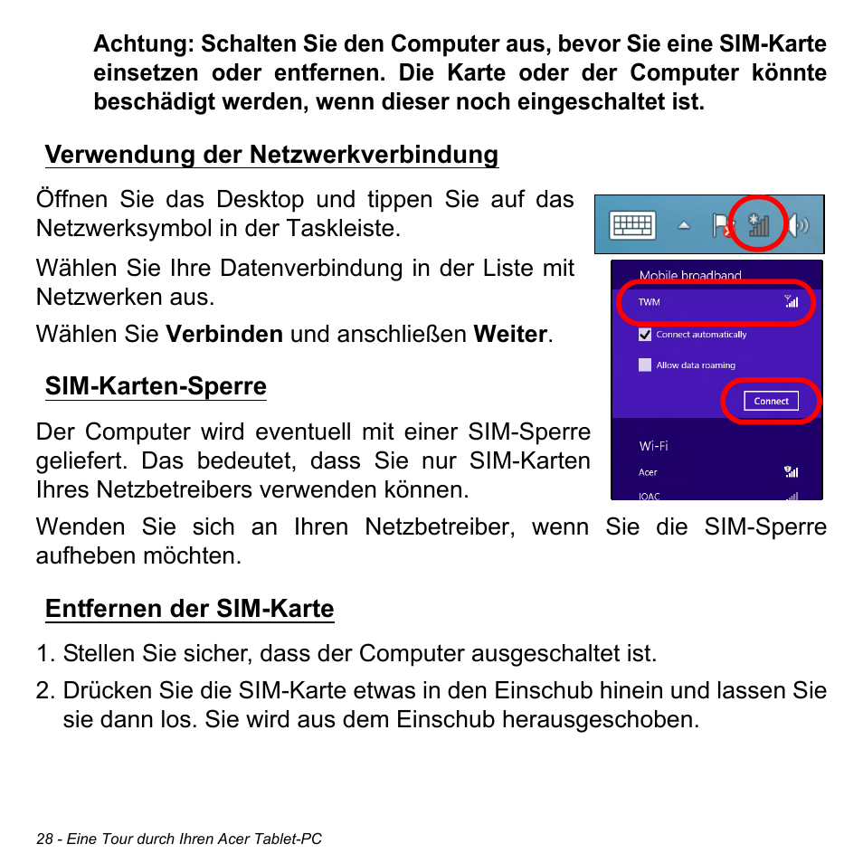 Verwendung der netzwerkverbindung, Sim-karten-sperre, Entfernen der sim-karte | Acer W511P User Manual | Page 220 / 2860