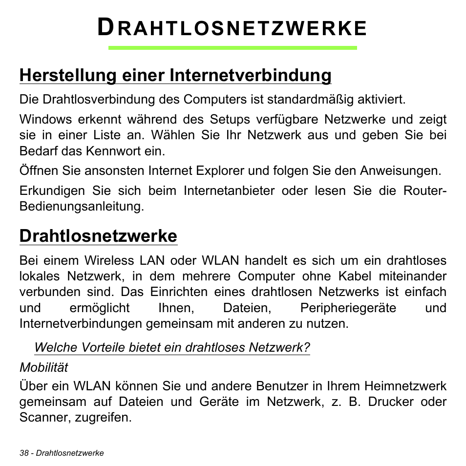 Drahtlosnetzwerke, Herstellung einer internetverbindung, Rahtlosnetzwerke | Acer W511P User Manual | Page 230 / 2860