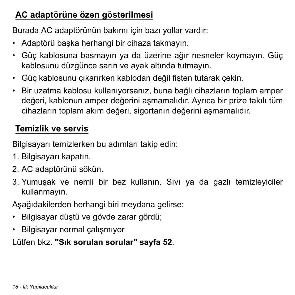 Ac adaptörüne özen gösterilmesi, Temizlik ve servis, Ac adaptörüne özen gösterilmesi temizlik ve servis | Acer W511P User Manual | Page 2340 / 2860