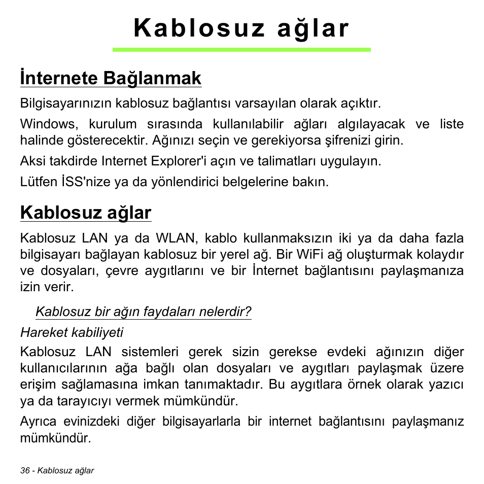 Kablosuz ağlar, Internete bağlanmak, Internete bağlanmak kablosuz ağlar | Acer W511P User Manual | Page 2358 / 2860