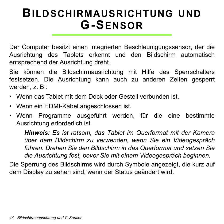 Bildschirmausrichtung und g-sensor, Bildschirmausrichtung und, G-sensor | Acer W511P User Manual | Page 236 / 2860