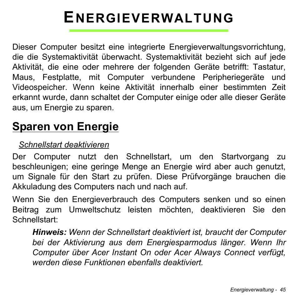 Energieverwaltung, Sparen von energie, Nergieverwaltung | Acer W511P User Manual | Page 237 / 2860