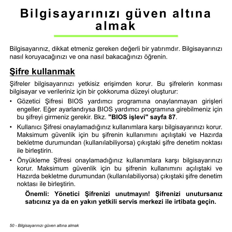 Bilgisayarınızı güven altına almak, Şifre kullanmak | Acer W511P User Manual | Page 2372 / 2860