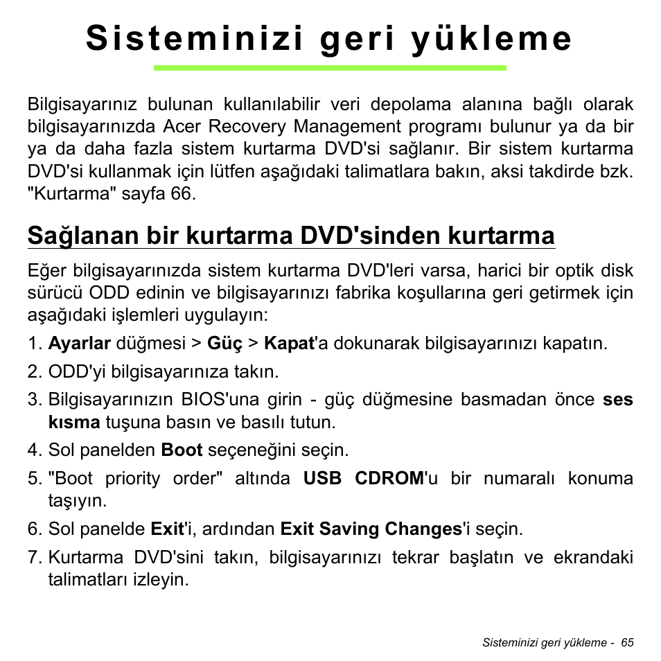 Sisteminizi geri yükleme, Sağlanan bir kurtarma dvd'sinden kurtarma | Acer W511P User Manual | Page 2387 / 2860