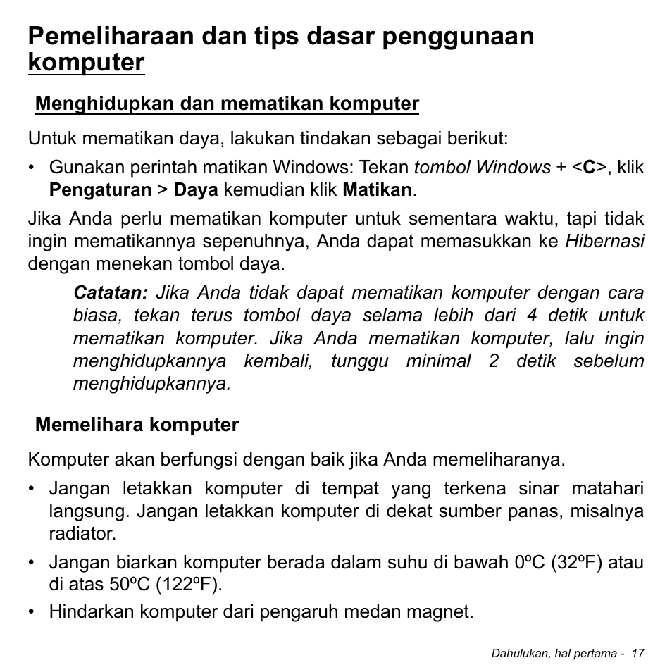 Pemeliharaan dan tips dasar penggunaan komputer, Menghidupkan dan mematikan komputer, Memelihara komputer | Menghidupkan dan mematikan, Komputer memelihara komputer | Acer W511P User Manual | Page 2689 / 2860