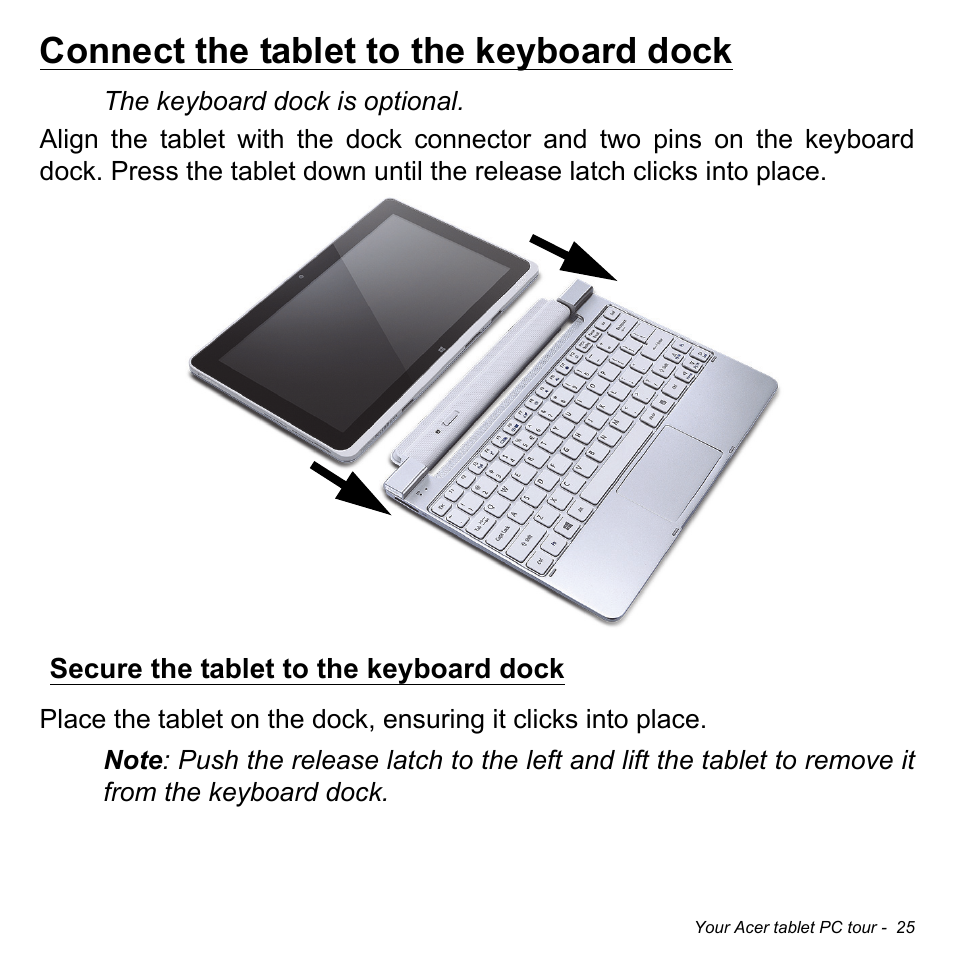 Connect the tablet to the keyboard dock, Secure the tablet to the keyboard dock | Acer W511P User Manual | Page 27 / 2860