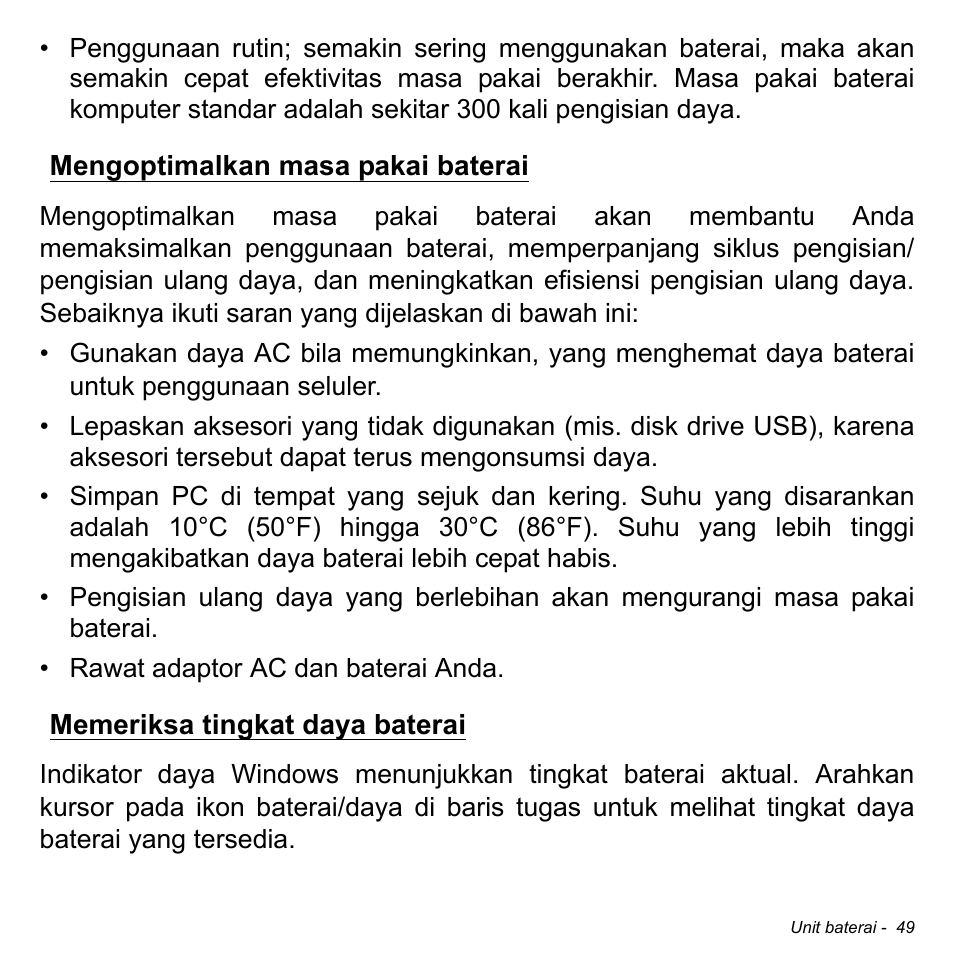 Mengoptimalkan masa pakai baterai, Memeriksa tingkat daya baterai | Acer W511P User Manual | Page 2721 / 2860