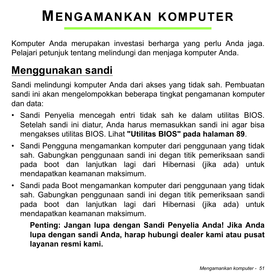 Mengamankan komputer, Menggunakan sandi, Engamankan | Komputer | Acer W511P User Manual | Page 2723 / 2860