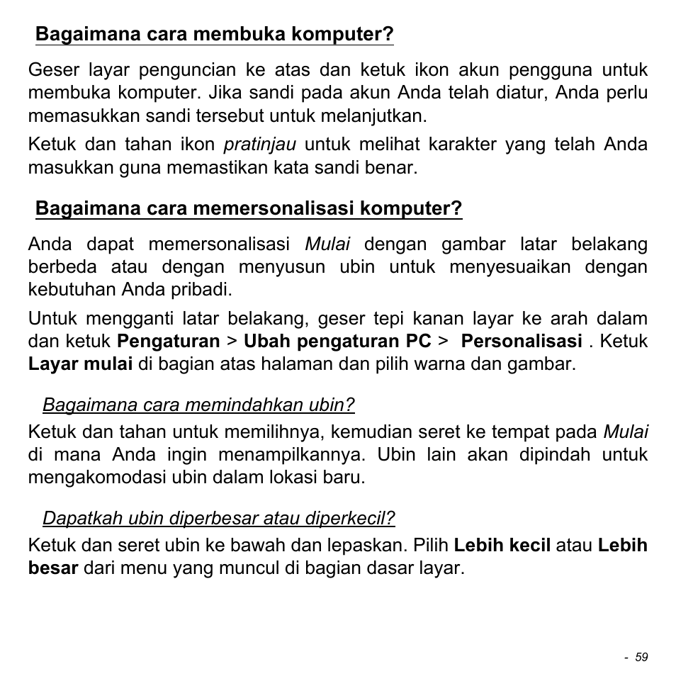 Bagaimana cara membuka komputer, Bagaimana cara memersonalisasi komputer | Acer W511P User Manual | Page 2731 / 2860