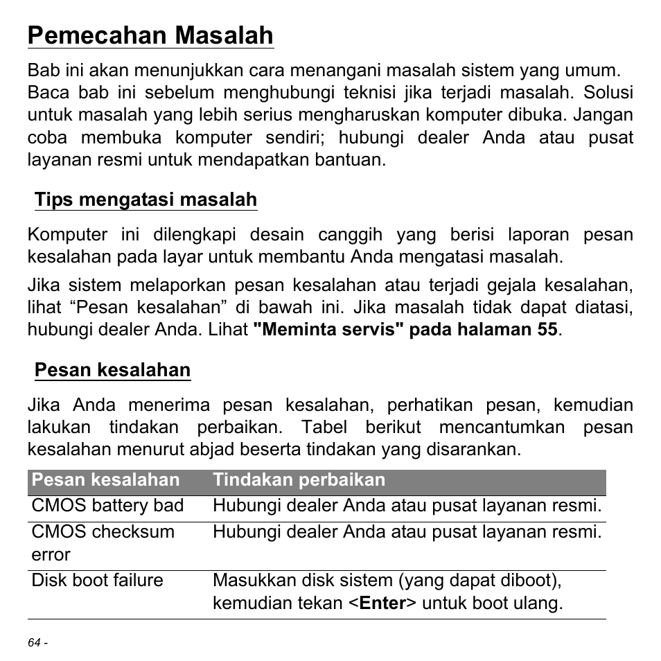 Pemecahan masalah, Tips mengatasi masalah, Pesan kesalahan | Tips mengatasi masalah pesan kesalahan | Acer W511P User Manual | Page 2736 / 2860
