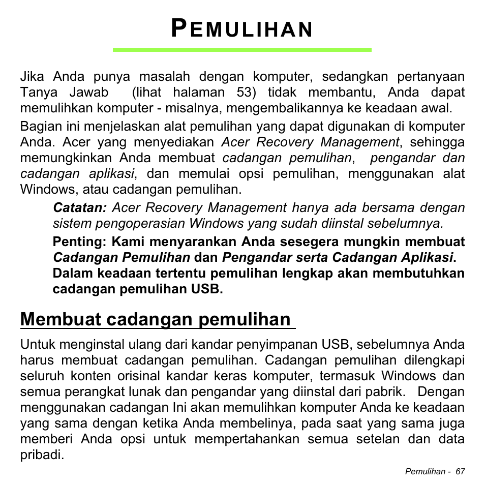 Pemulihan, Membuat cadangan pemulihan, Emulihan | Acer W511P User Manual | Page 2739 / 2860