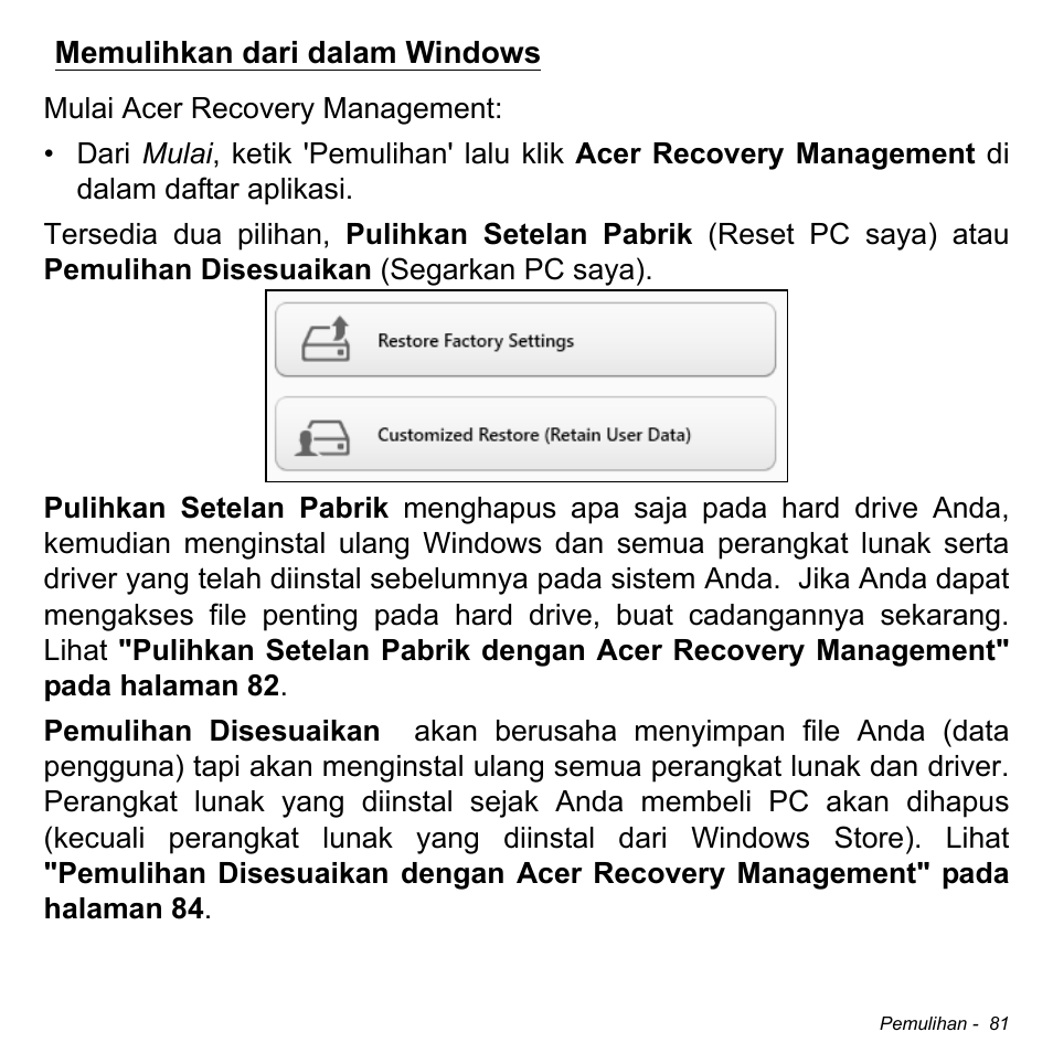 Memulihkan dari dalam windows | Acer W511P User Manual | Page 2753 / 2860