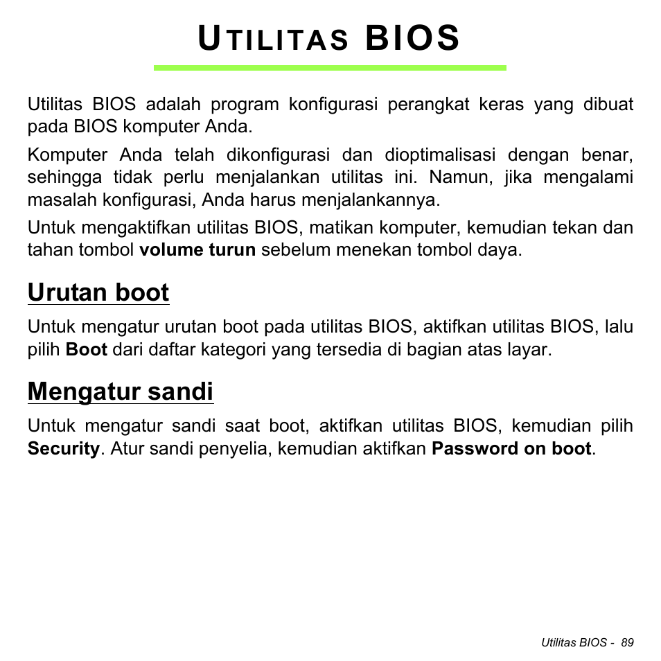 Utilitas bios, Urutan boot, Mengatur sandi | Urutan boot mengatur sandi, Bios, Tilitas | Acer W511P User Manual | Page 2761 / 2860