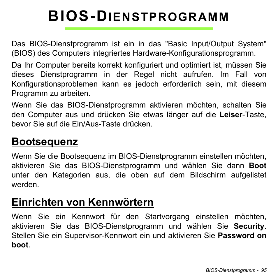 Bios-dienstprogramm, Bootsequenz, Einrichten von kennwörtern | Bootsequenz einrichten von kennwörtern, Bios-d, Ienstprogramm | Acer W511P User Manual | Page 287 / 2860