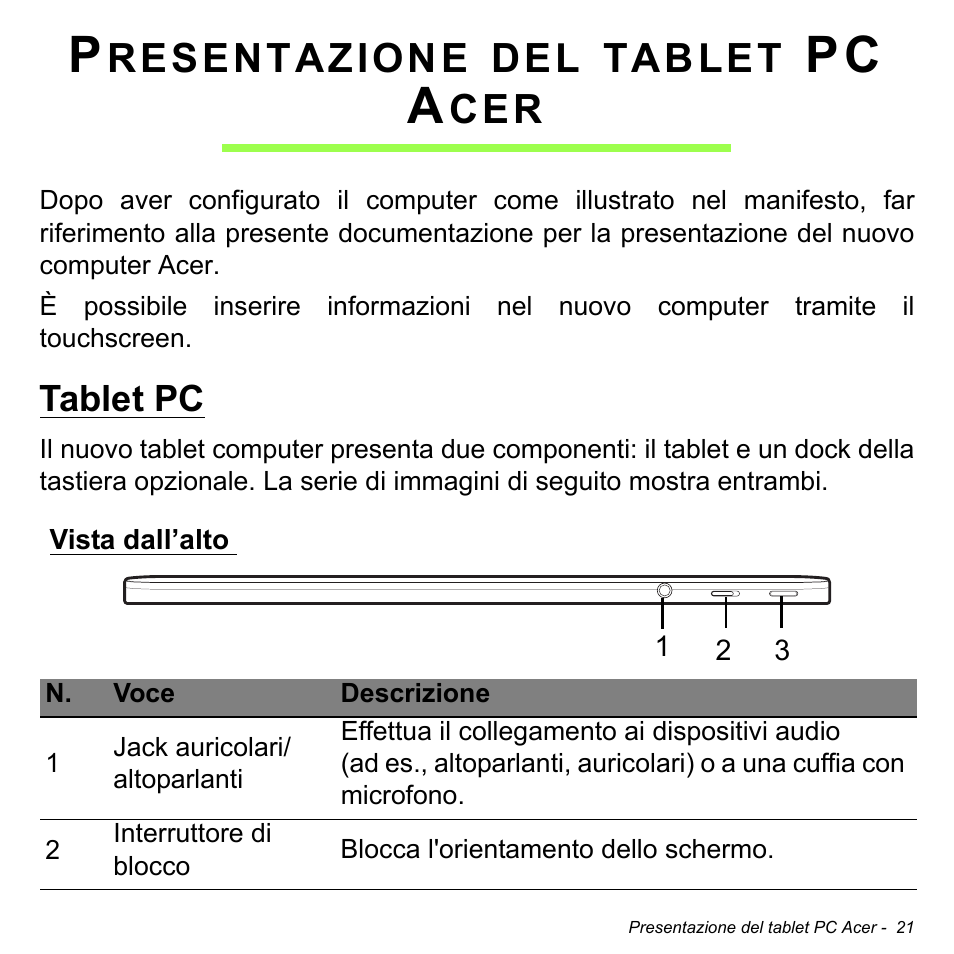 Presentazione del tablet pc acer, Tablet pc, Vista dall’alto | Pc a, Resentazione, Tablet | Acer W511P User Manual | Page 315 / 2860