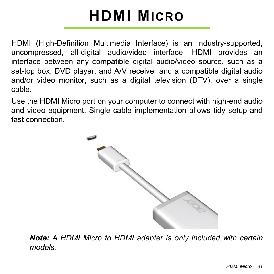 Hdmi micro, Hdmi m, Icro | Acer W511P User Manual | Page 33 / 2860