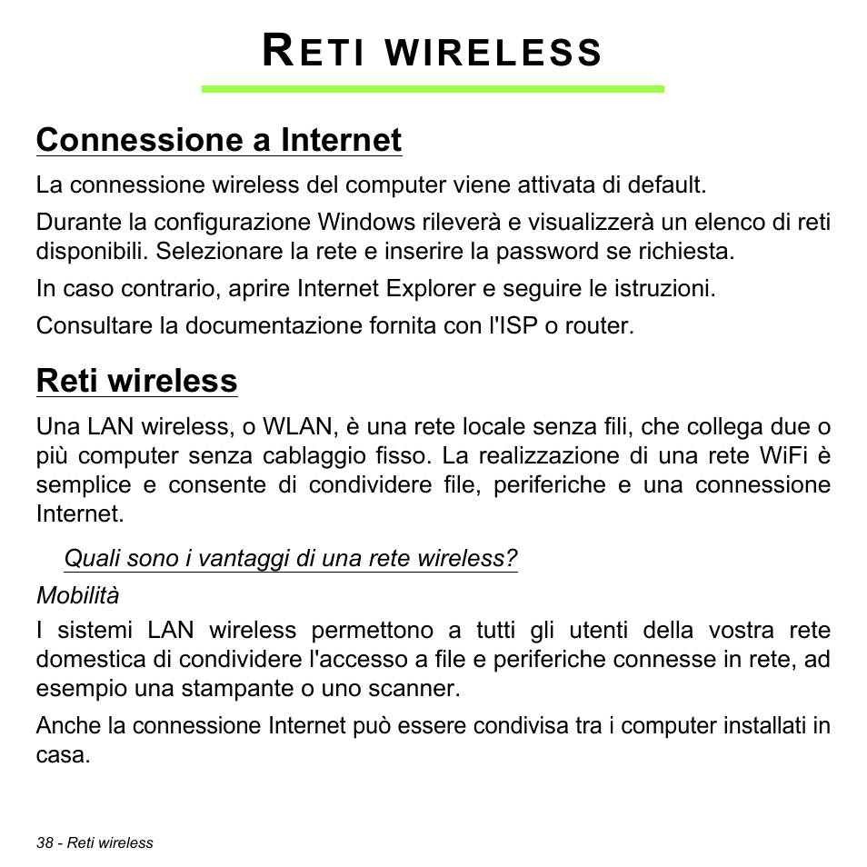 Reti wireless, Connessione a internet, Connessione a internet reti wireless | Wireless | Acer W511P User Manual | Page 332 / 2860